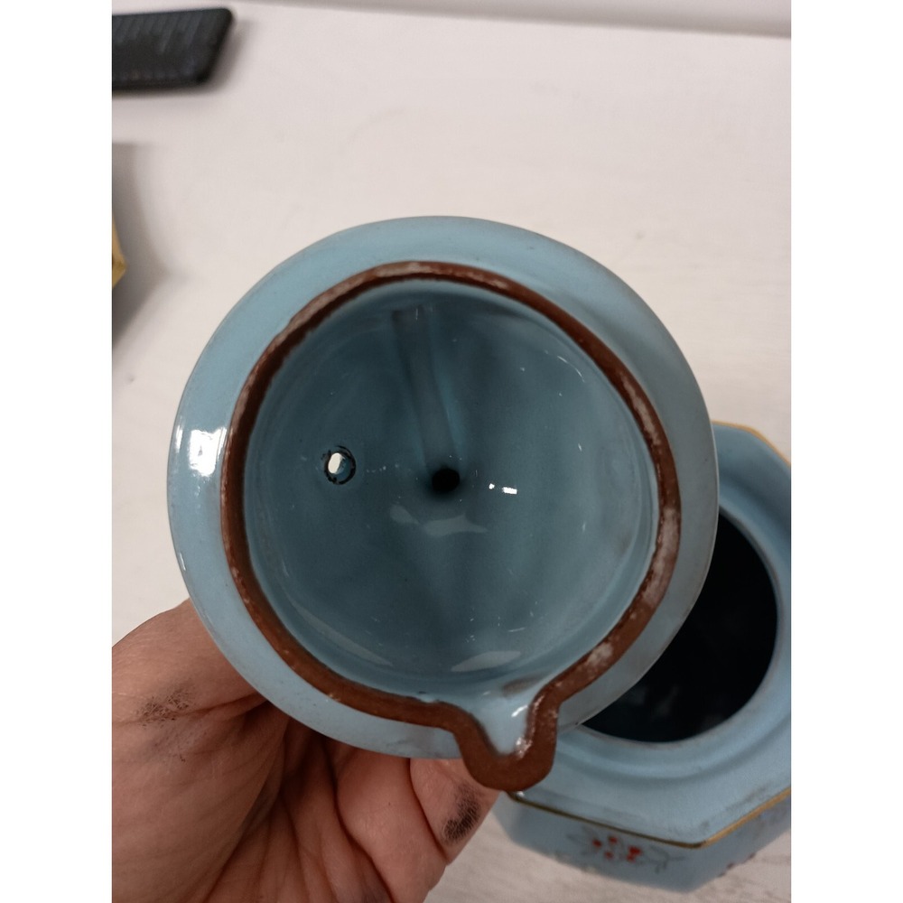 Antique Edwardian Age Price Brothers Redware Teapot Light Blue Gold England - Picture 7 of 13